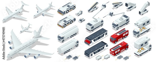 Isometric Service Vehicles, Self-Propelled Ladder, Airplane passenger plane. Business aircraft, Corporate jet. Aerodrome Tow Tractor, Gasoline and Fire Engine