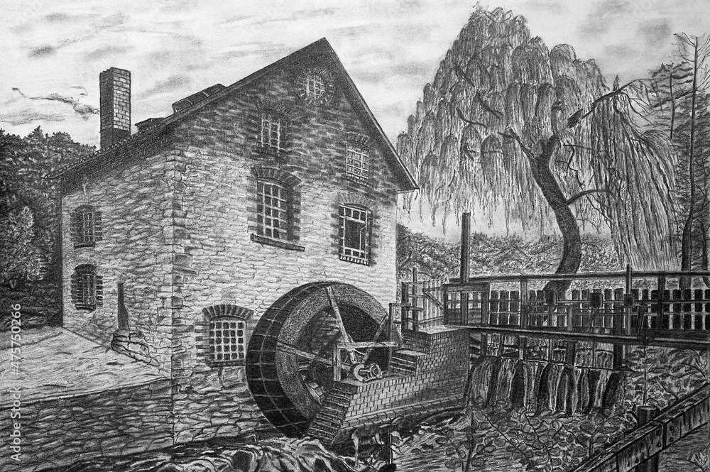An old stone house and a watermill