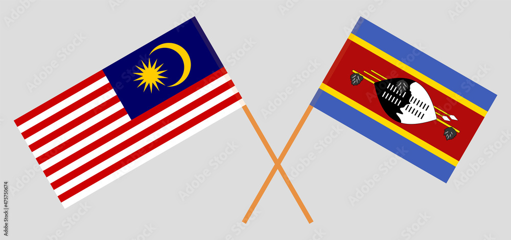 Crossed flags of Malaysia and Eswatini. Official colors. Correct proportion Crossed flags of Malaysia and Eswatini. Official colors. Correct proportion