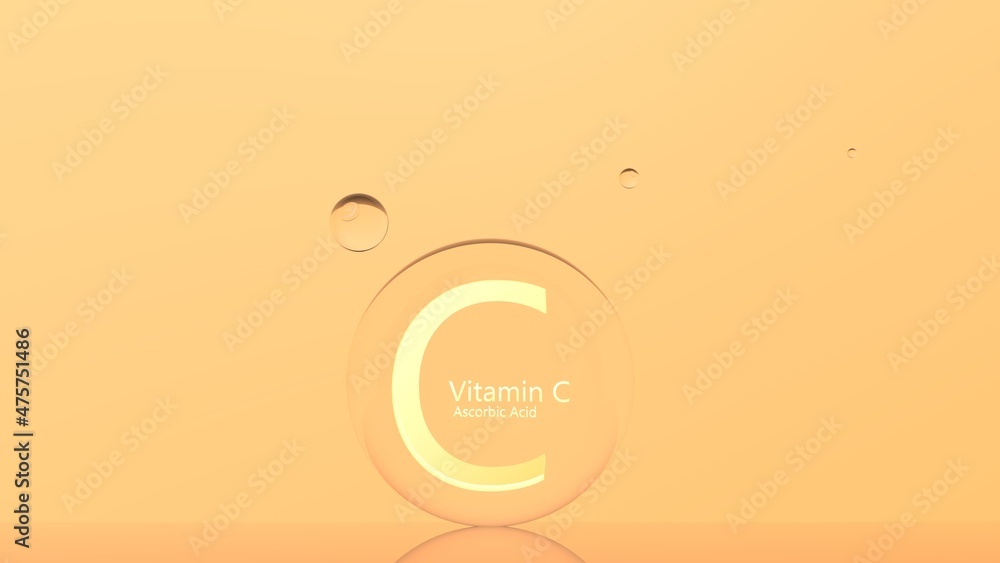 Vitamin C ascorbic acid concept on orange light background illustration 3D rendering.Transparent balls drops of vitamin C orange. Vitamin C beauty care. Vitamin C ascorbic acid concept on orange light background illustration 3D rendering.Transparent balls drops of vitamin C orange. Vitamin C beauty care.