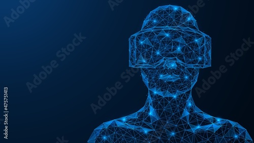 A man wearing virtual reality glasses. Games and online entertainment. A polygonal model of interconnected lines and and points. Blue background.