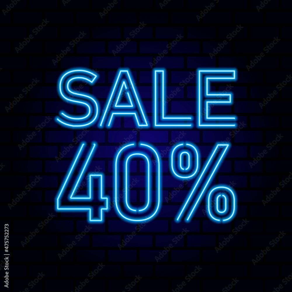40 percent SALE glowing neon lamp sign. Vector illustration.