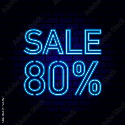 80 percent SALE glowing neon lamp sign. Vector illustration.