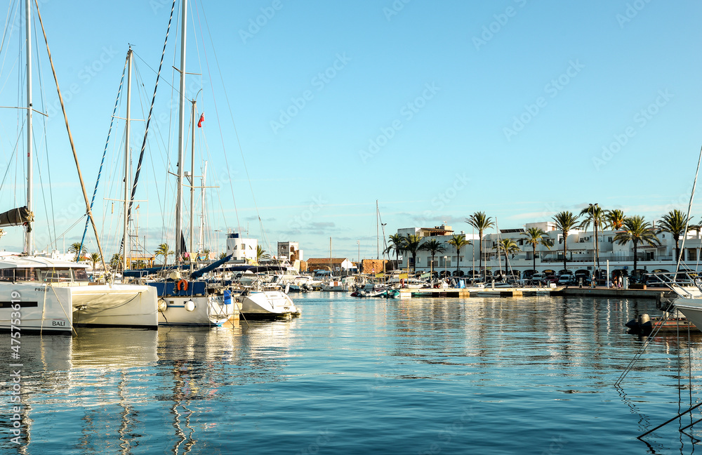 Marina of Formentera Island at yachts and boats.