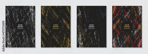 Cover design set. Geometric gold, white pattern, black backgrounds. Vector original grunge collection. Vertical templates for catalog, brochure template, magazine layout, booklet. ©  swetazwet