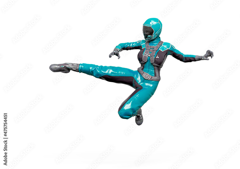 cosmonaut girl is doing a side kick on white background cosmonaut girl is doing a side kick on white background