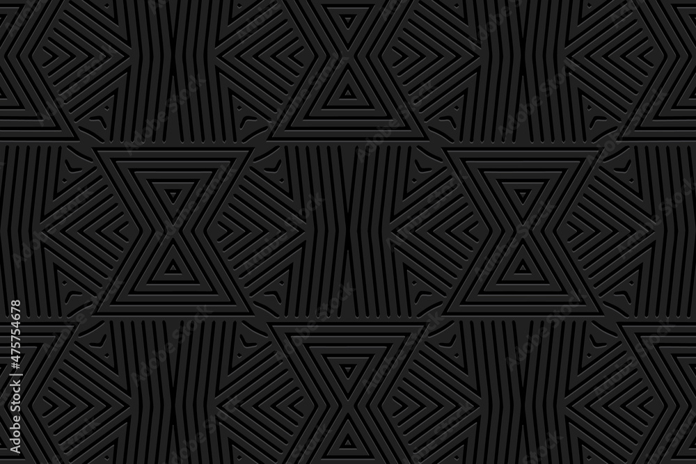 Original design embossed geometric black background. Vintage ethnic 3D pattern in handmade style. Motives of the peoples of the East, Asia, India, Mexico, Aztec.