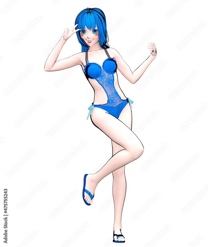 3D comics cosplay anime girl in swimsuit. 3D comics cosplay anime girl in swimsuit.
