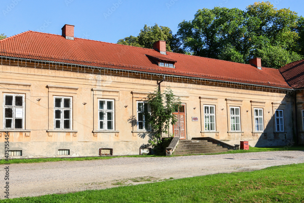 ANDRYCHOW, POLAND - SEPTEMBER 11, 2021: A palace in Andrychow, Poland. ANDRYCHOW, POLAND - SEPTEMBER 11, 2021: A palace in Andrychow, Poland.