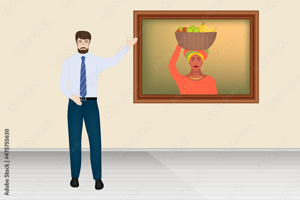 Man showing a painting in an art gallery, vector illustration Man showing a painting in an art gallery, vector illustration
