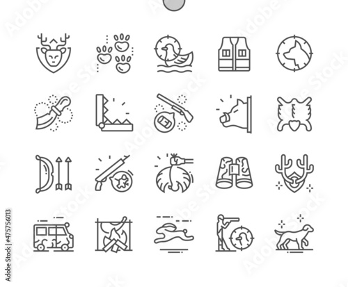 Hunting. Animal head trophy. Bow and arrows. Binoculars. Hunting target. Pixel Perfect Vector Thin Line Icons. Simple Minimal Pictogram