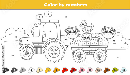 Color by numbers page with tractor and farm animals - cows, pig and hen, printable worksheet for kids