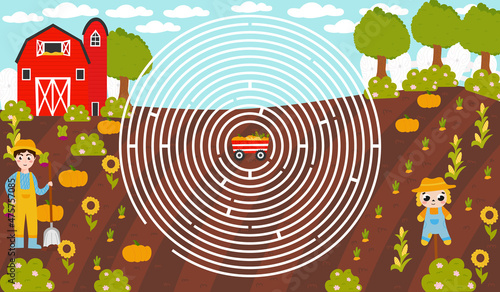 Circle maze labyrinth with frmer and scarecrow, harvest and barn in cartoon style, printable educational puzzle for kids, autumn game