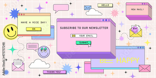 Subscribe newsletter web banner template in retro computer interface style. Retrowave design for mail marketing. 90s browser tab with new message, vintage browser dialog tab and hipster stickers photo