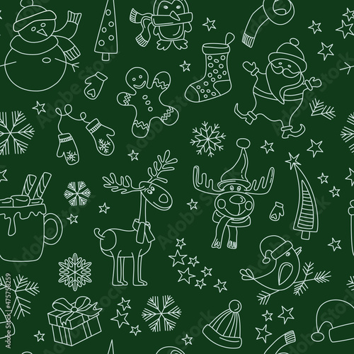Vector seamless pattern with winter holiday elements. Christmas decorations illustration with snowflakes, Santa, deers 