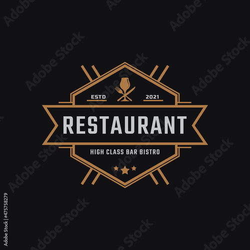 Classic Vintage Retro Label Badge for Luxury Wine Glass with Spoon Fork Knife for Restaurant Bar Bistro Logo Design Inspiration