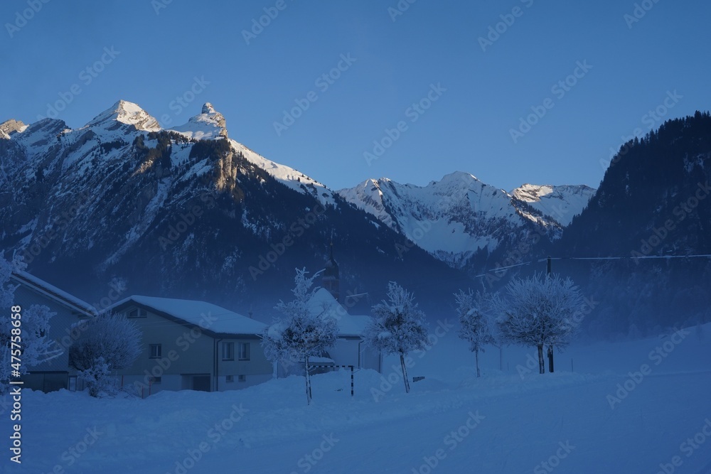 Snowy landscape in the afternoon with fog falling down. Trees are covered with thick layer of snow and frost. The mountains on background are illuminated by sunshine. Village Studen, Switzerland.