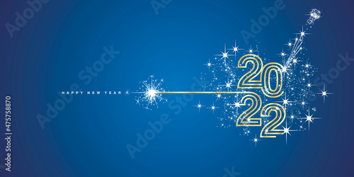 New Year 2022 golden triple line design typography light firework champagne blue background greeting card