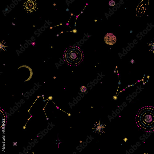 Seamless pattern with colourful embroidered constellations, stars, planets and Moon on space background