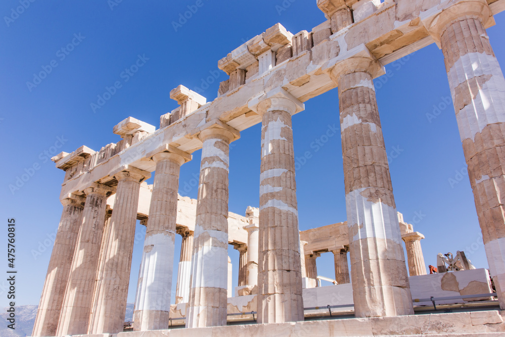 Columns of Acropolis of Athens, Greece, during restoration.