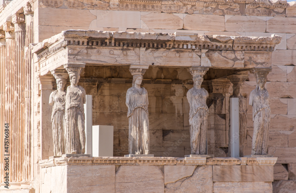Six figures the Caryatid Porch South Porch) of Erechtheion Temple at the Acropolis in Athens, Greece.