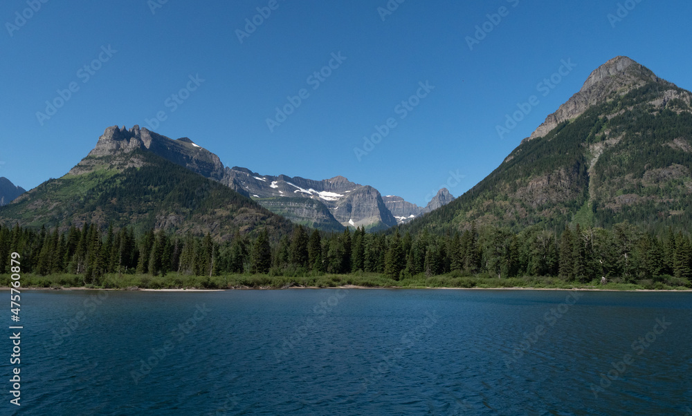 Panorama of Glacier National Park's Goat Haunt from Upper Waterton Lake