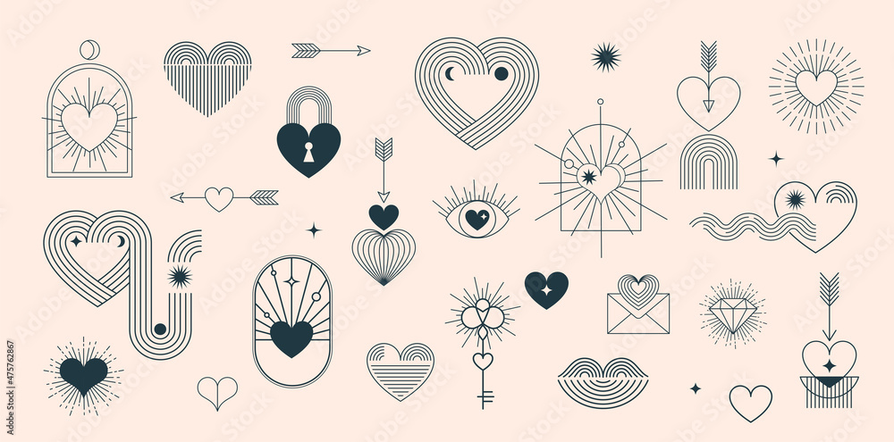 Minimalist Bohemian Valentine's day elements, art linear symbols and icons, heart, lips, sun and rainbow, design templates, geometric abstract design elements for decoration Minimalist Bohemian Valentine's day elements, art linear symbols and icons, heart, lips, sun and rainbow, design templates, geometric abstract design elements for decoration