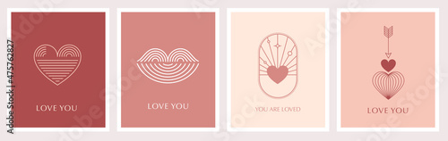 Minimalist Bohemian Valentine's day greeting cards, wall art prints. Heart, lips, sun and rainbow, design templates, geometric abstract design elements for decoration