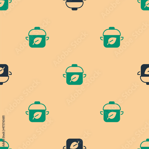 Green and black Vegan food diet icon isolated seamless pattern on beige background. Organic, bio, eco symbol. Vegan, no meat, lactose free, healthy, fresh and nonviolent food. Vector