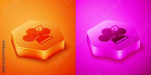 Isometric Vegan food diet icon isolated on orange and pink background. Organic, bio, eco symbol. Vegan, no meat, lactose free, healthy, fresh and nonviolent food. Hexagon button. Vector