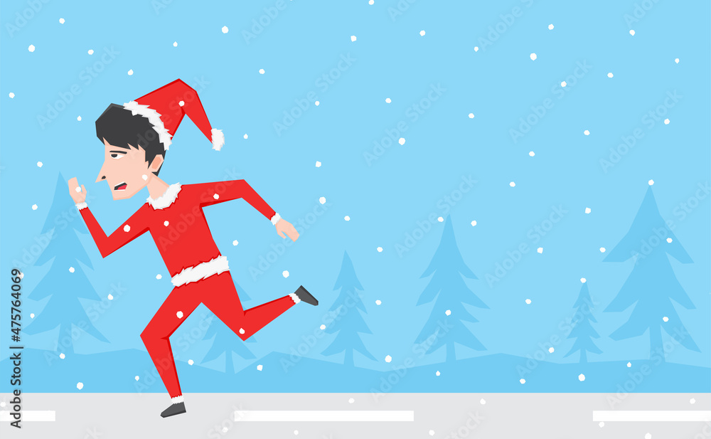 An illustration of a boy running with Santa Claus costume in the snowy road An illustration of a boy running with Santa Claus costume in the snowy road
