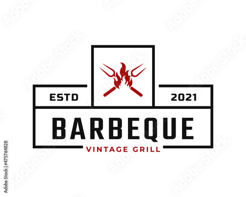 Classic Vintage Retro Label Badge for Grill Barbeque Barbecue BBQ with Crossed Fork and Fire Flame Logo Design Inspiration
