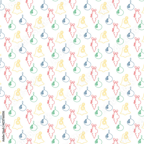 Multicolored abstract pattern with the image of a Christmas tree decorations handdrawning on the white color background