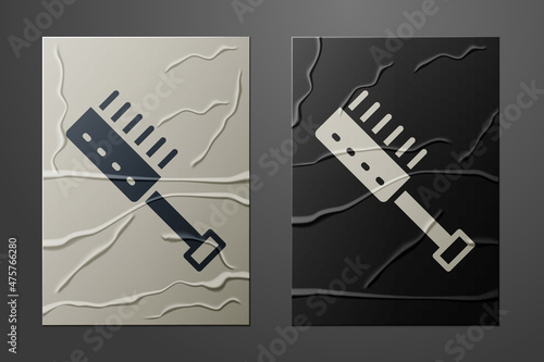 White Sauna brush icon isolated on crumpled paper background. Wooden brush with coarse bristles for washing in the bath. Anti cellulite massage. Paper art style. Vector