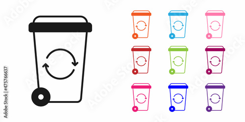 Black Recycle bin with recycle symbol icon isolated on white background. Trash can icon. Garbage bin sign. Recycle basket sign. Set icons colorful. Vector