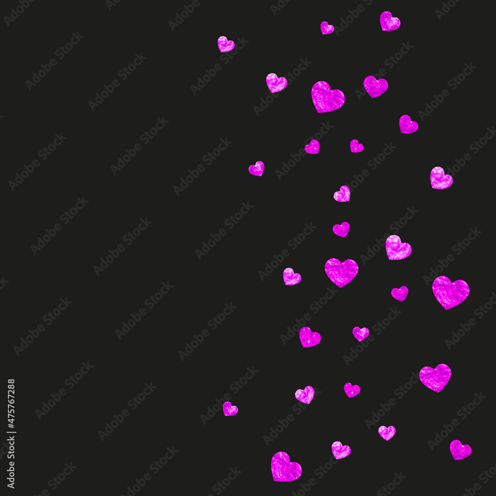 Valentines day card with pink glitter hearts. February 14th. Vector confetti for valentines day card template. Grunge hand drawn texture. Love theme for special business offer, banner, flyer.