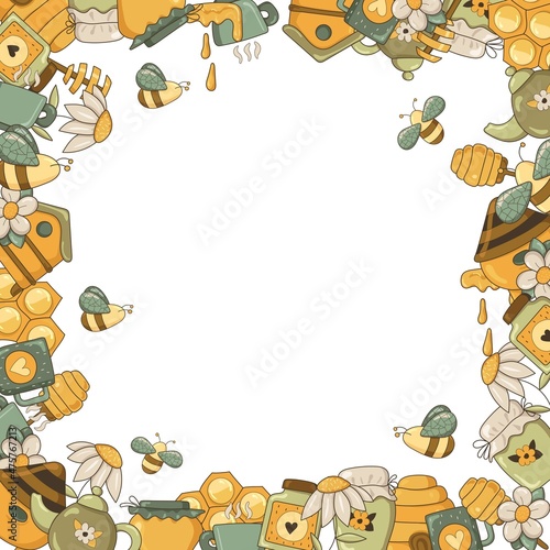 Frame. Beehive, bees, honey, honeycomb, pot, teapot, cup, spoon, flower. Vector illustration.