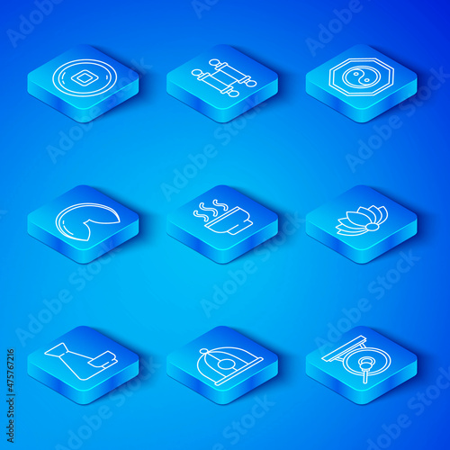 Set line Chinese tea ceremony, hat, Lotus flower, Yin Yang, fortune cookie, Yuan currency and Gong icon. Vector