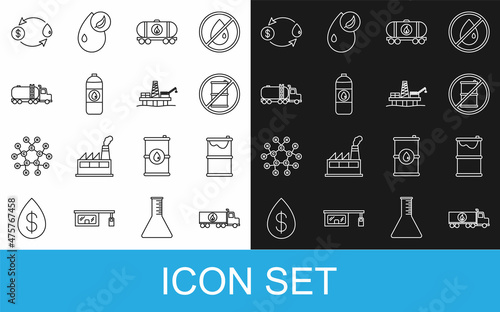 Set line Tanker truck, Barrel oil leak, No barrel for gasoline, Oil railway cistern, Canister motor machine, exchange and platform the sea icon. Vector
