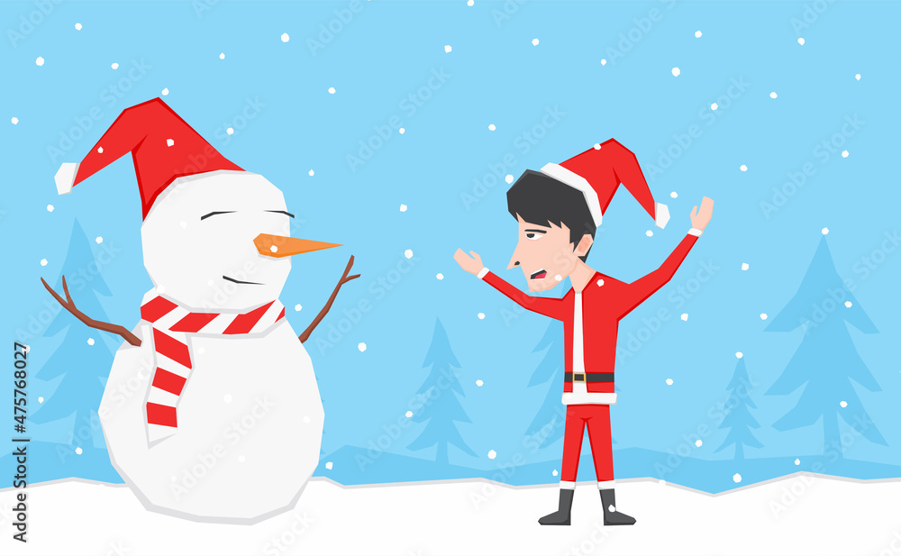 Fototapeta premium An illustration of a boy playing with snowman