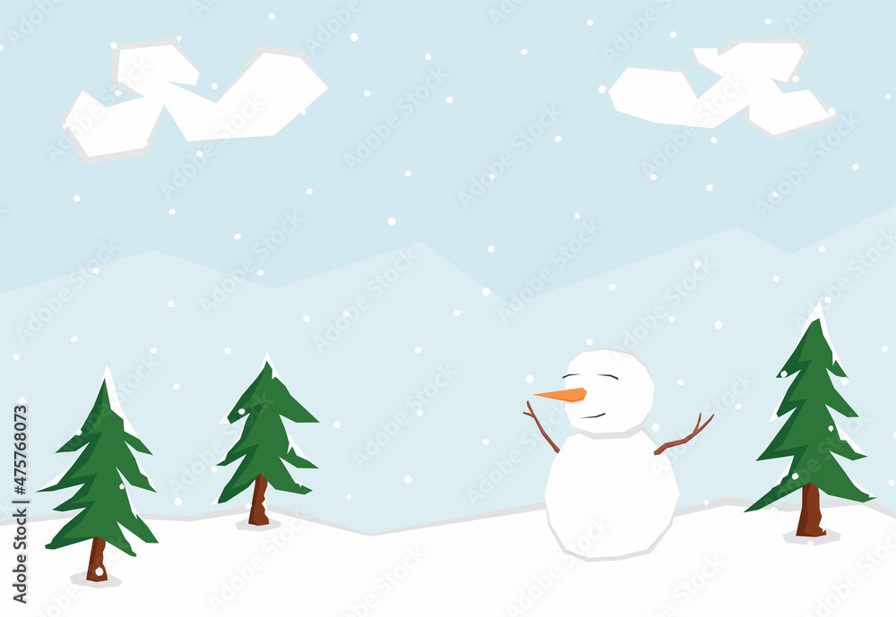 An illustration of a snowman in the snowy mountain with some copy space area