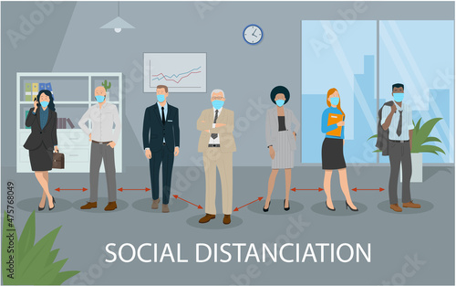 Illustration de la distanciation sociale au bureau. Les employés se protègent avec des masques contre le virus et sont éloignés les uns des autres pour ne pas êtres contaminés.