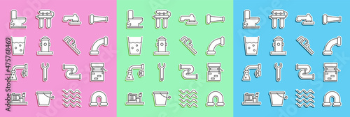 Set line Industry metallic pipe, Well, Water tap, Fire hydrant, Glass with water, Toilet bowl and Pipe adjustable wrench icon. Vector