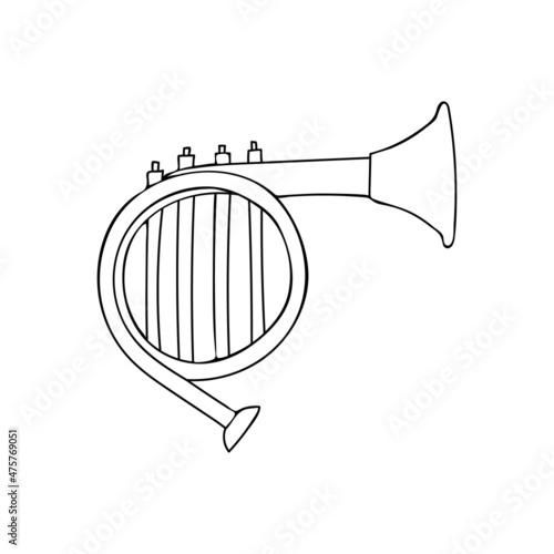 Doodle french horn illustration in vector. Hand drawn brass trumpet icon in vector. Doodle musical wind instrument