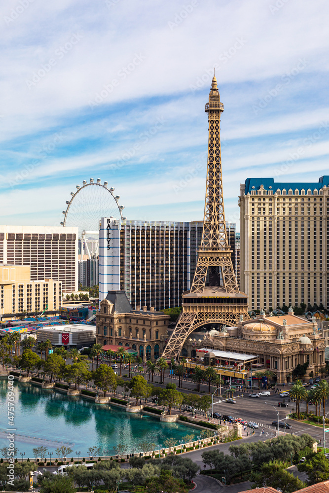 Paris Las Vegas is a Hotel and Casino located on the Las Vegas Strip in  Paradise. Aerial view of Las Vegas strip. Las Vegas, Nevada, USA. December  6. 2021. Stock Photo