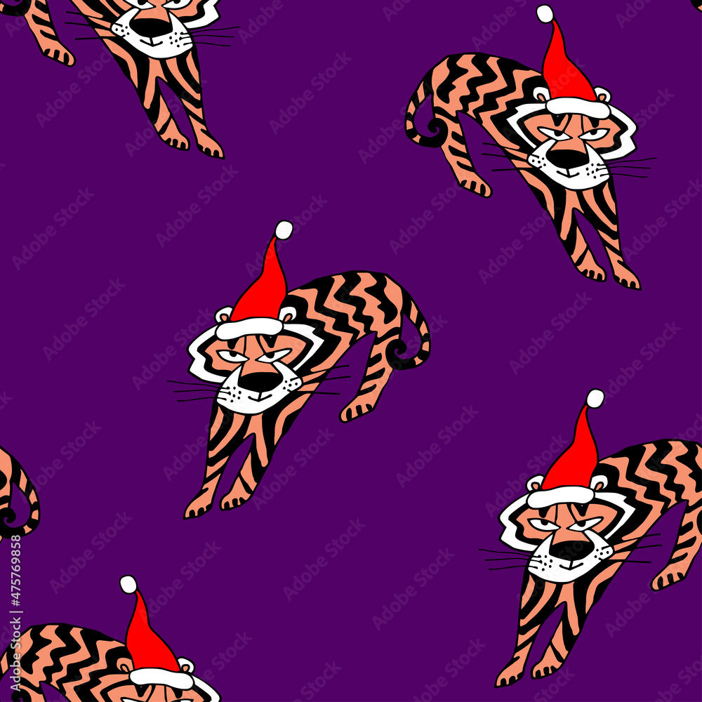 Holiday seamless pattern with funny Christmas tiger symbol 2022 isolated on velvet violet background. Animal of Chinese New Year. Textile, package, wrapping paper, postcard, poster.