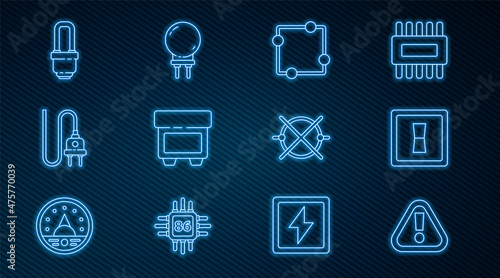 Set line Exclamation mark in triangle, Electric light switch, circuit scheme, Fuse, plug, LED bulb, and Light emitting diode icon. Vector