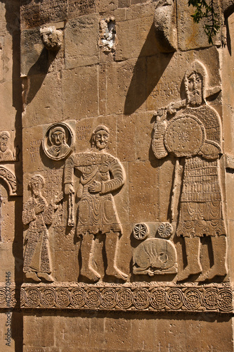 Bas-reliefs (including David facing Goliath) on exterior wall of Church of the Holy Cross (Cathedral of the Holy Cross) (Akdamar Kilisesi) on Akdamar Island, Lake Van, Eastern Anatolia, Turkey