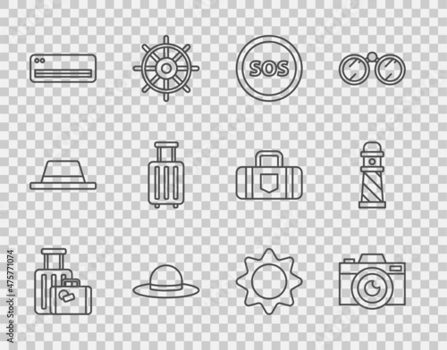 Set line Suitcase, Photo camera, Location with SOS, Elegant women hat, Air conditioner, Sun and Lighthouse icon. Vector