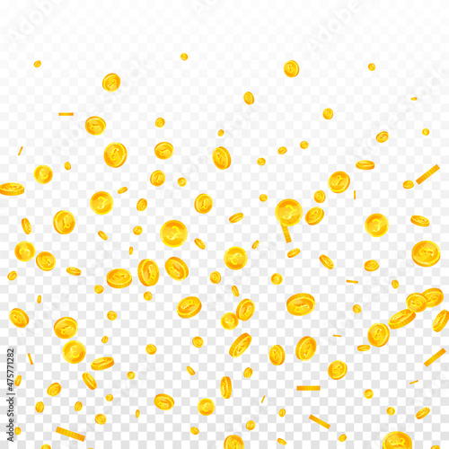 British pound coins falling. Energetic scattered GBP coins. United Kingdom money. Memorable jackpot, wealth or success concept. Vector illustration.